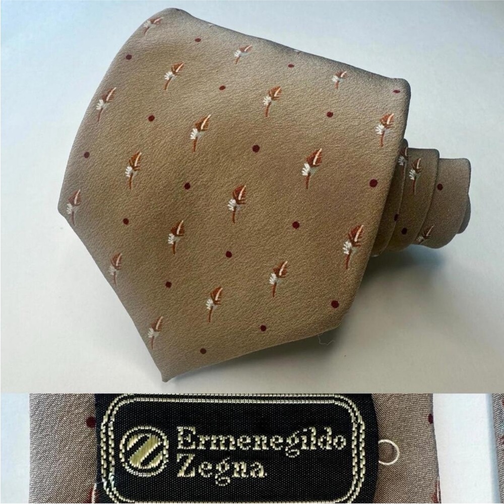 Vintage ERMENEGILDO ZEGNA Painted Taupe w Feathers Classic Silk Tie, 3”